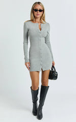 Nikola Mini Dress - Long Sleeve Placket Front Bodycon Dress in Grey Marle