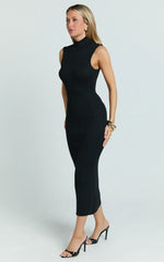 Chantelle Midi Dress - Turtle Neck Sleeveless Ruche Waist Fitted Knit Dress in Black