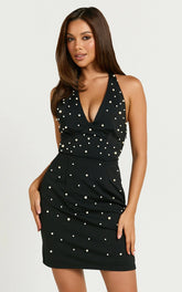 Marya Mini Dress - Pearl Detail Plunge Neck Dress in Black