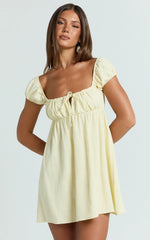 Brooks Mini Dress - Puff Sleeve Front Tie Babydoll Dress in Lemon