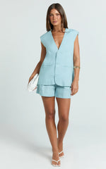 Marlee Two Piece Set - Linen Look Button Through Vest and Shorts Set in Blue