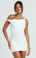 Miller Mini Dress - Lace Twist Off Shoulder Bodycon Dress in White