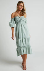 Nikka Midi Linen Blend Dress - Shirred Off Shoulder Puff Sleeve Dress in Sage