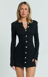 Celia Mini Dress - High Neck Square Shoulder Button Front Ruche Waist Knit Dress in Black