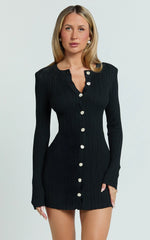 Celia Mini Dress - High Neck Square Shoulder Button Front Ruche Waist Knit Dress in Black