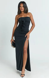 Edeline Maxi Dress - Strapless Sweetheart Ruched Bodycon Dress in Black