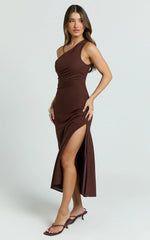 Cassia Midi Dress - One Shoulder A Line Dress in Chocolate