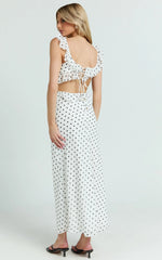Dahlia Midi Dress - Ruffle Details Slip Dress in White Based Polkadot