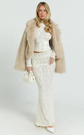 Kathleen Maxi Skirt - Mid Rise Ruched Wide Band Fishtail Jersey Skirt in Cream