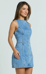 Olenna Mini Dress - High Neck Fitted Denim Dress in Mid Blue Wash