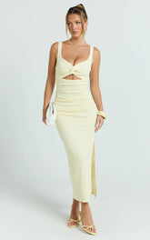 Bianca Midi Dress - Twist Front Cut Out Ruched Dress in Lemon