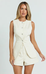 Rhianna Top - Button Down Longline Recycled Denim Vest Top in Ecru