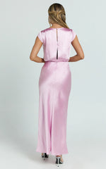 Hailey Maxi Dress - Cap Sleeve V Neck Dress in Pink