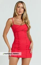 Gigi Mini Linen Blend Dress - Sweetheart Tie Back Scallop Detail Dress in Red