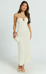Blaire Midi Dress - Strappy Ruched Front Column Fitted Textured Jersey Dress in Off White