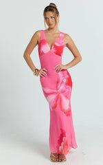 Iris Maxi Dress - Sleeveless V Neckline Dress in Fuschia Floral