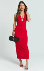 Ricki Maxi Dress - Plunge Halter Low Back Bodycon Dress in Rose Red