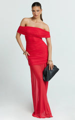 Leticia Maxi Dress - Mesh Off Shoulder Ruched High Split Dress in Red