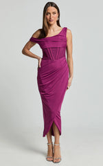 Aidia Midi Dress - Off Shoulder Draped Corset Dress in Plum