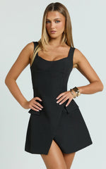 Rachel Midi Dress - Square Scoop Neck Buckle Pocket Leg Split Knee Length Dress in Black