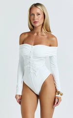 Charisse Bodysuit - Off Shoulder Button Down Bodysuit in White