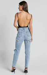 Billie Jeans - High Waisted Cotton Distressed Mom Denim Jeans in Mid Blue Wash