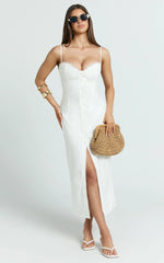 Anessa Midi Dress - Button Front Bustier Fitted Dress in White