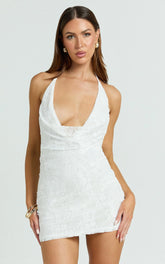 Palmer Mini Dress - Plunge Cowl Neck Backless Lace Dress in Ivory