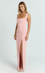 Donna Maxi Dress - Cowl Neck Column High Split Dress in Pale Pink
