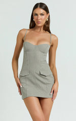 Angela Mini Dress - Sweetheart Neck Bodycon Checkered Dress in Beige Check