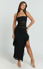 Almarie Midi Dress - Halter Neck Mesh Dress in Black
