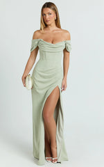 Marcel Maxi Dress - Off Shoulder Corset High Split Dress in Sage