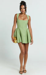 Kailee Mini Dress - Wide Strap Square Neck Fit And Flare Tulip Dress in Sage