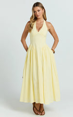Athena Midi Dress - Halter Drop Waist Dress in Lemon