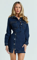 Ainsley Mini Dress - Button Through Long Sleeve Denim Dress in Dark Blue