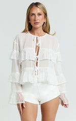 Safiya Top - Tie Front Ruffle Sleeve Blouse Top in White
