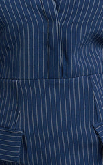 Ophelia Midi Dress - Collared Pinstripe Long Sleeve Fitted Dress in Navy