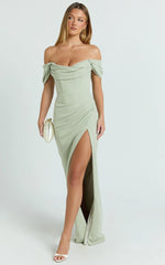 Marcel Maxi Dress - Off Shoulder Corset High Split Dress in Sage