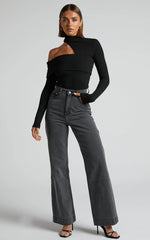 Kiefer Top - Asymmetric Long Sleeve Cutout Top in Black