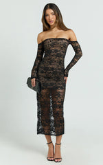 Amery Midi Dress - Off Shoulder Long Sleeve Stretch Fitted Skirt Dress in Black