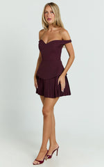 Izara Mini Dress - Off Shoulder Pleated Dress in Wine