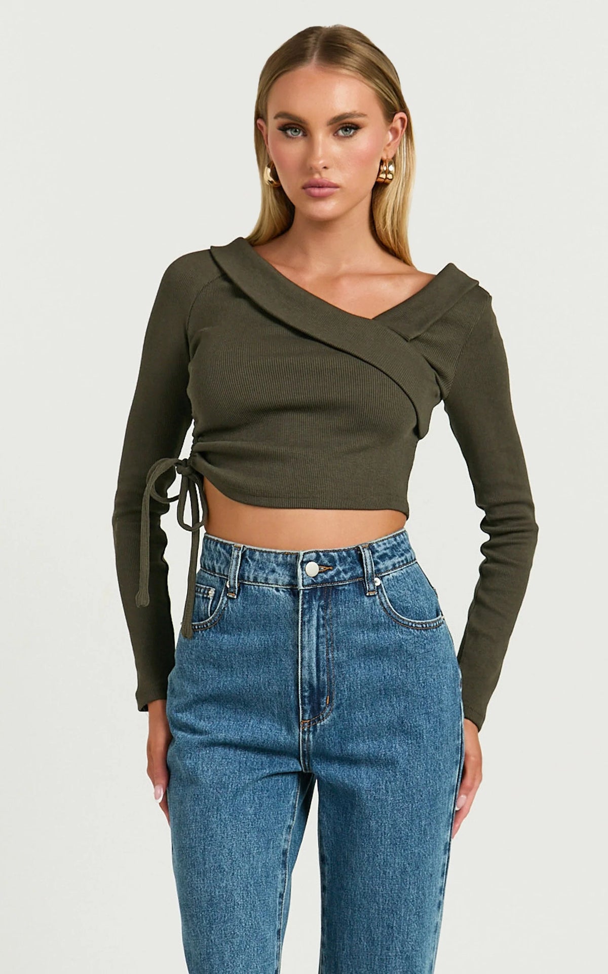 Keisha Top - Asymmetrical Long Sleeve Drawstring Top in Dark Olive