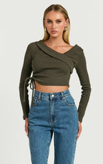 Keisha Top - Asymmetrical Long Sleeve Drawstring Top in Dark Olive