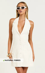 Sammie Mini Dress - Backless Halter Neck Linen Dress in Off White