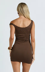 Maisie Mini Dress - Jersey Off The Shoulder Wrap Sash Dress in Chocolate