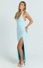 Ruby Maxi Dress - Halter Scoop Neck Low Back Bodycon Dress in Light Blue