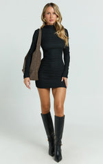 Ruby Mini Dress - High Neck Long Sleeve Dress in Black
