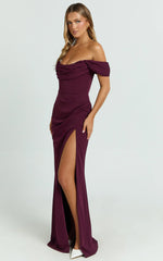 Marcel Maxi Dress - Off Shoulder Corset High Split Dress in Wine
