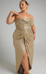 Adrie Midi Dress - Strapless Corset Bodice Dress in Gold