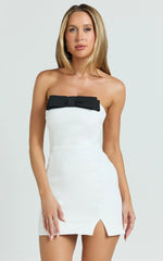 Adora Mini Dress - Strapless Bow Detail Split Dress in White